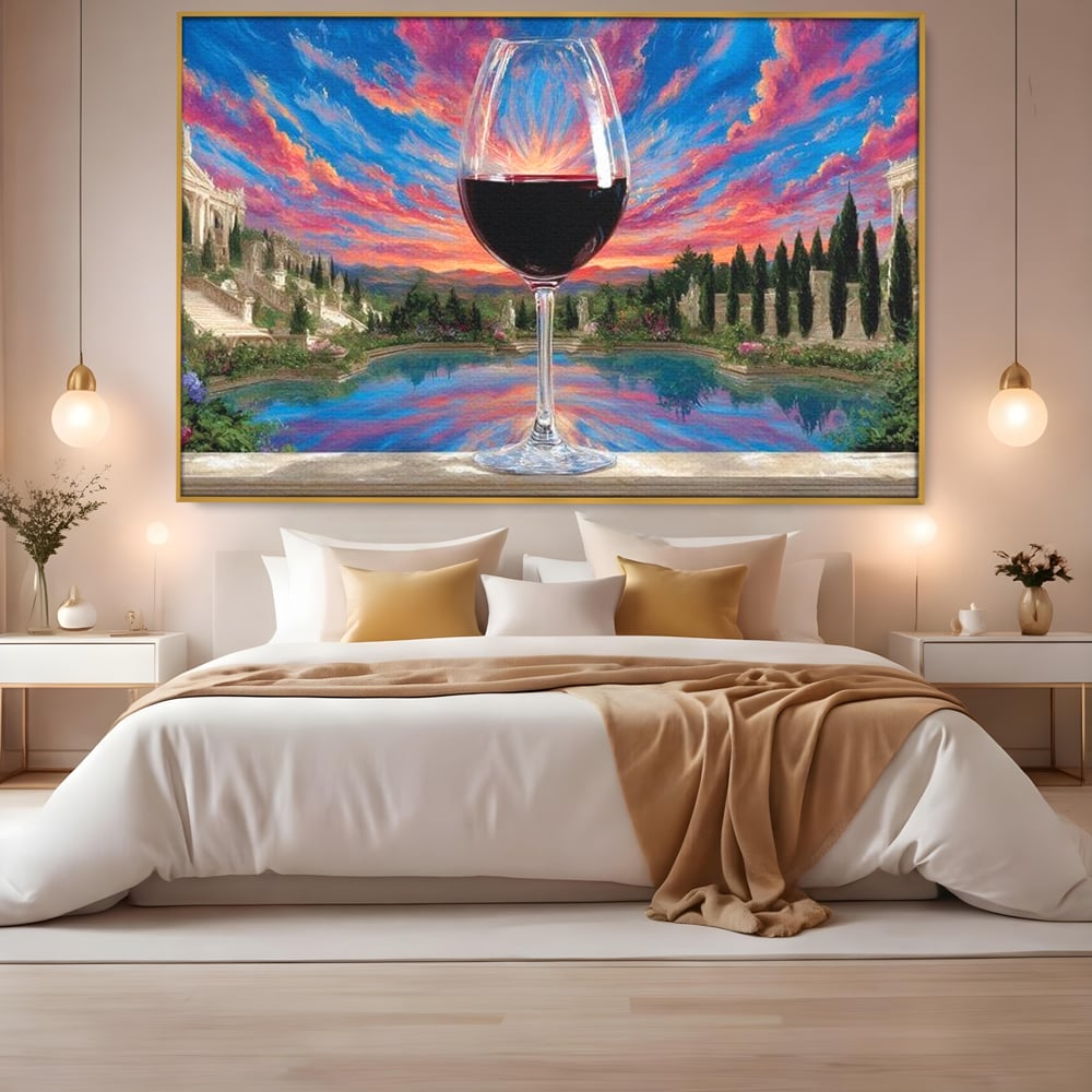Tablou canvas cu tablou canvas cu pahar de vin si apus, in rama de aluminiu auriu, pe perete intr-un dormitor